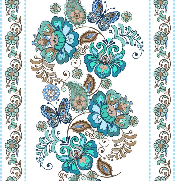 الگوی بدون درز با گل تزئین گلدار بدون درز با پروانه های تزئینی گل های تزئینی بدون درز در رنگ های آبی تصویر زمینه گل