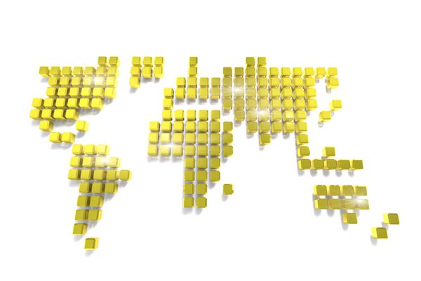 نقشه جهانی ساخته شده از بسیاری از حبه های طلایی در پس زمینه سفید