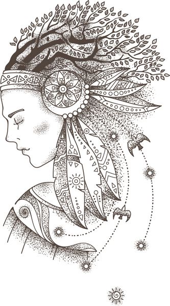 پری دریایی رویایی پرتره یک سر دختر زیبا با شاخه های مو و headdress عرفانی هنر Boho در نقاط