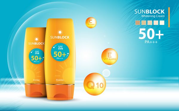 قالب آگهی Sunblock طراحی محصولات آرایشی و بهداشتی حفاظت از خورشید با کرم مرطوب کننده یا مایع پس زمینه درخشان با لهستانی زرق و برق طراحی بردار