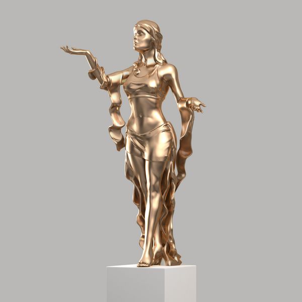 مجسمه طلایی یک زن جوان زیبا با پوشیدنی های زیبا مجسمه الهه در یک سبک کلاسیک جدا شده رندر 3D