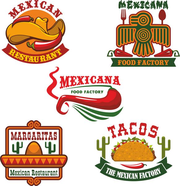 نماد رستوران غذای مکزیکی مجموعه غذاهای مکزیکی گوشت سنتی گوشتی و سبزیجات فلفل قرمز فلفل قرمز با کلاه سمبررو و پرچم نوار رستوران مکزیکی کافه و طراحی آرم