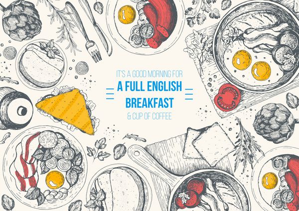 قاب سرسبز صبحانه انگلیسی طراحی منو غذای انگلیسی بردار دست نقاشی بردار