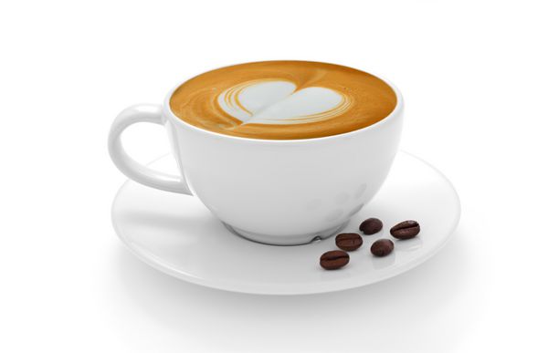 فنجان قهوه و دانه های قهوه ای جدا شده بر روی زمینه سفید