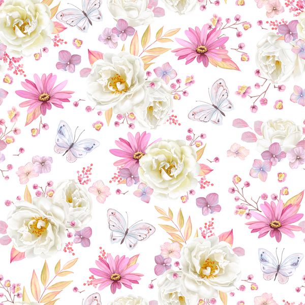 الگوی بدون درز با گل رز سفید Pyrethrum بنفش گل آذرین گل صورتی کمی و پروانه پرواز تصویر برداری بر روی زمینه سفید در سبک آبرنگ