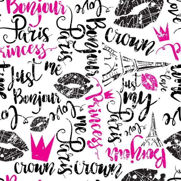 الگوی انتزاعی با کلمات calligraphy Bonjour شاهزاده خانم عشق رنگ های روشن پس زمینه تکراری برای لباس مد تی شرت کودک کاغذ طرح اصلی اصلی خلاقانه