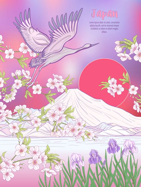 چشم انداز ژاپنی با کوه فوجی و گل سنت و یک پرنده پوستر یا کارت پستال بردار سهام