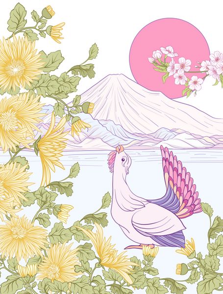 چشم انداز ژاپنی با کوه فوجی و گل سنت و یک پرنده پوستر یا کارت پستال بردار سهام