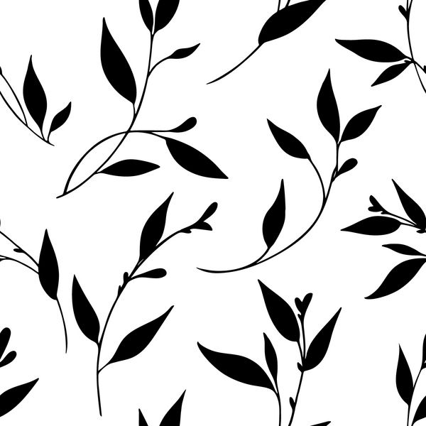 الگوی گلدار بدون درز شمشیر سیاه و سفید از شاخه و برگ