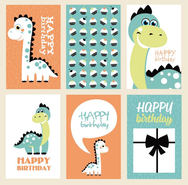 مجموعه ای از شش کارت تولدت مبارک با بچه دینو تصویر برداری