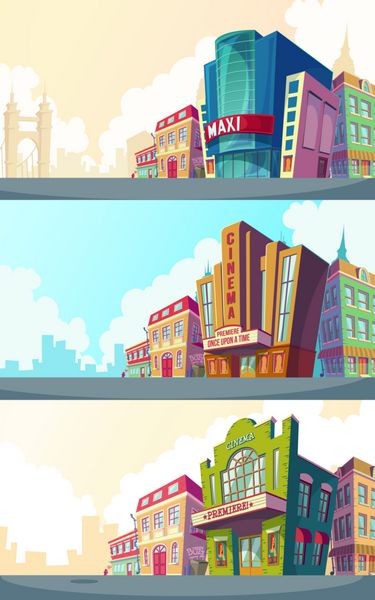 تصویر برداری کارتونی وکتور از منظره شهری با ساختمان های سینمای قدیمی و مدرن مجموعه ای از آگهی های کارتونی برای تبلیغات