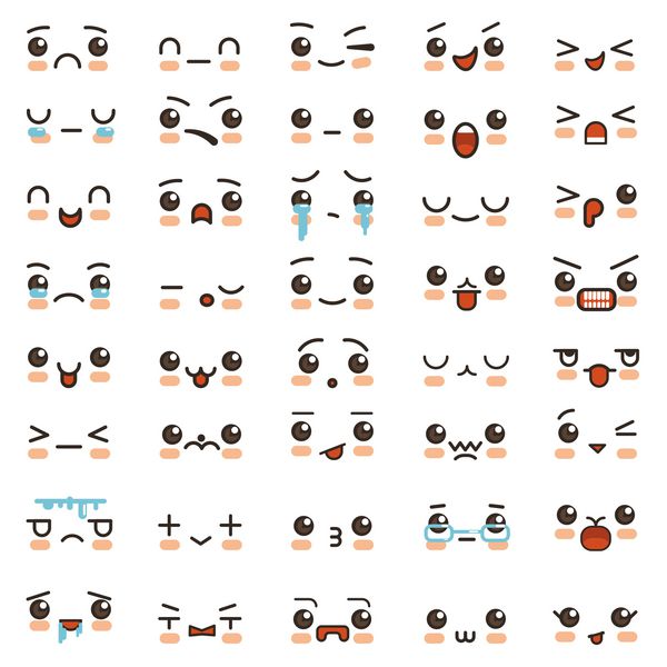 شکلک های لبخند زیبا Kawaii و Emoji انیمیشن ژاپنی با عبارات مواجه می شوند مجموعه ای از کارتون سبک کمیک طرح آیکون مجموعه