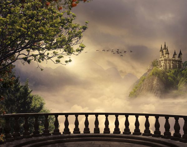نمایش از یک بالکن یک قلعه در بالای کوه در یک روز زیبا رندر 3D