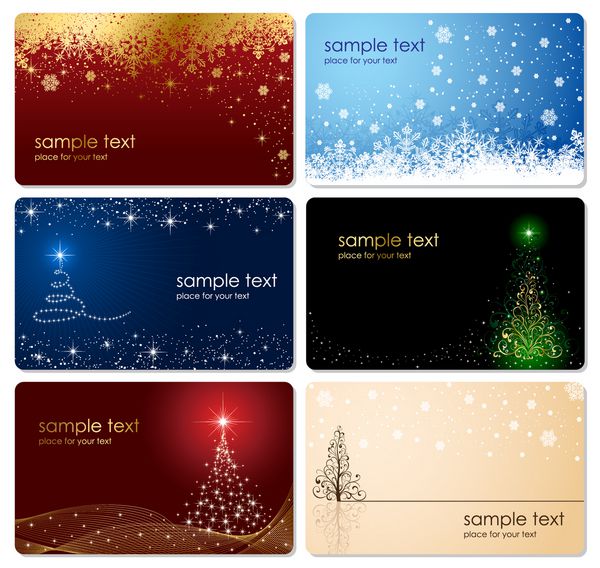 مجموعه ای از کارت های با درخت کریسمس ستاره ها و برف دانه تصویر