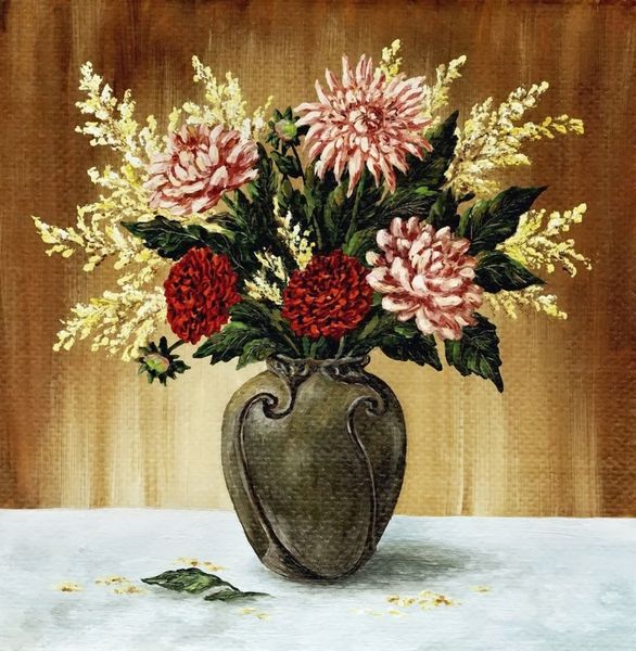 روغن نقاشی روی یک بوم رنگی یک دسته گلدانی در یک گلدان سرامیکی