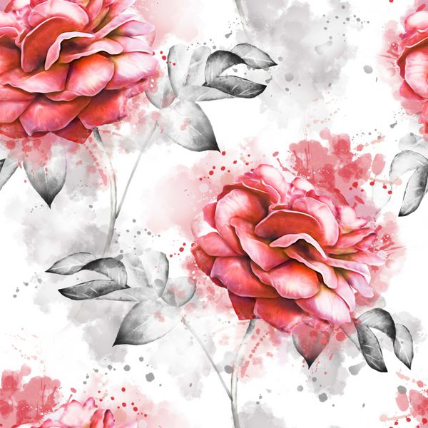 الگوی بدون درز با گل های قرمز و برگ در پس زمینه سفید الگوی گل گل آبرنگ رنگ پاستا برای کاغذ دیواری کارت یا پارچه افزایش یافت طراحی پارچه رنگ چلپ چلوپ
