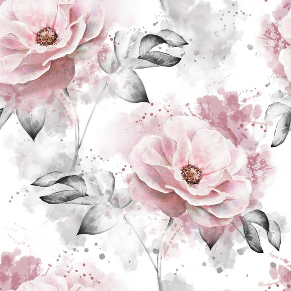 الگوی گلدار بدون درز با گل صورتی و برگ در زمینه سفید الگوی گلدار آبرنگ در رنگ پاستیل برای کاغذ دیواری کارت یا پارچه افزایش یافت طراحی پارچه رنگ چلپ چلوپ