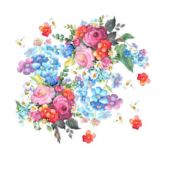 مجموعه ای از رنگ های زیبا از گل های تابستان رنگ دست نقاشی جدا شده بر روی زمینه سفید