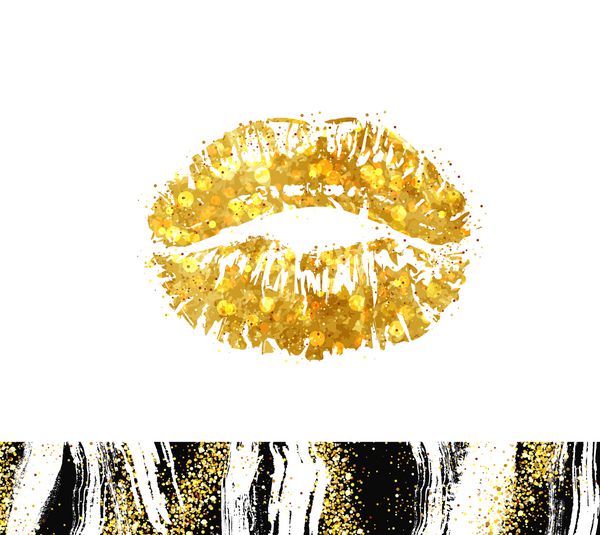VECTOR eps 10 گل زرد طلایی تصویر دهان جدا شده در پس زمینه سیاه و سفید زرق و برق بوسه با خورشید طلایی برای طراحی لوکس چاپ لب های مو گرانج قلم مو کرم از ریمل مژه و ابرو برای چشم