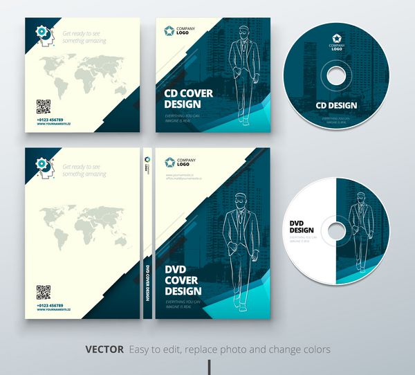 CD پاکت طراحی مورد DVD Teal قالب کسب و کار شرکت برای جعبه سی دی و دی وی دی طرح بندی با عناصر مدرن مثلث و پس زمینه انتزاعی مفهوم بردار خلاق