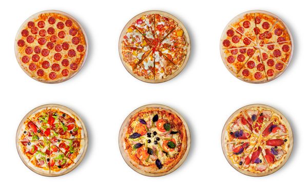 شش پیتزا مختلف برای منو تنظیم شده است پپپرونی مرغ BBQ برش نخود فرنگی لوکس پیتزا با ژامبون پیتزا با سالامی ژامبون و بیکن