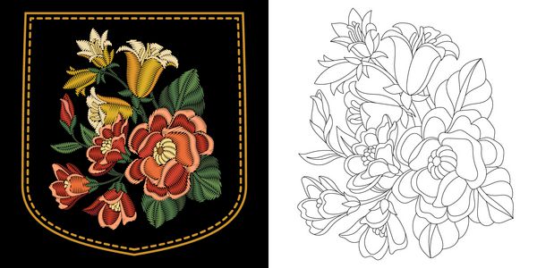 طراحی گلدوزی جیب پیراهن مجموعه ای از عناصر گل برای تکه ها و برچسب ها صفحه کتاب رنگ آمیزی با گل رز و گل زرد گل آبی