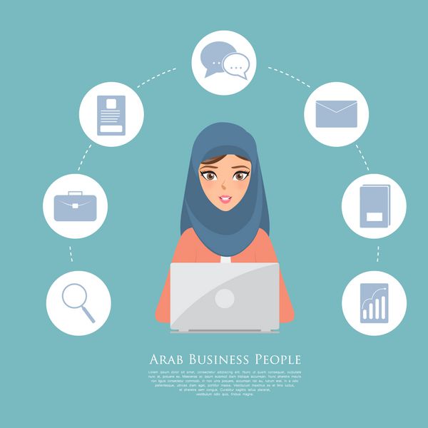 زن عرب کسب و کار با لپ تاپ کار می کند تصویر بردار مردم مسلمان