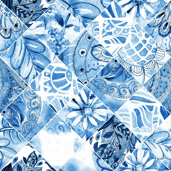 بافت بدون درز یکپارچه با الگوی پرتغالی مردم آبی نقاشی آبرنگ