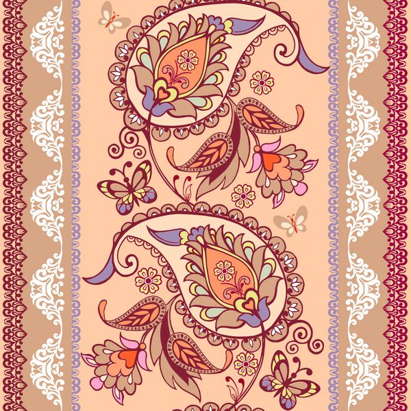الگوی بدون درز با پیتلی تصویر زمینه گل زیور آلات تزئینی برای پارچه پارچه بسته بندی کاغذ الگوی پرتقال سنتی شرقی بدون درز در رنگ های پاستیل