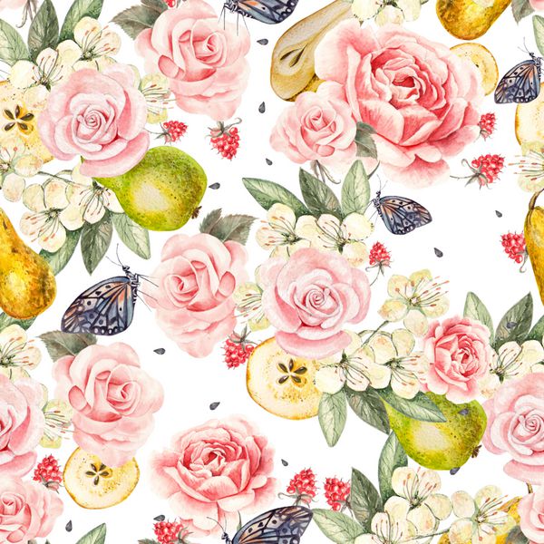 الگو با آبرنگ گل رز واقعی پروانه ها و میوه ها گلابی تمشک تصویر