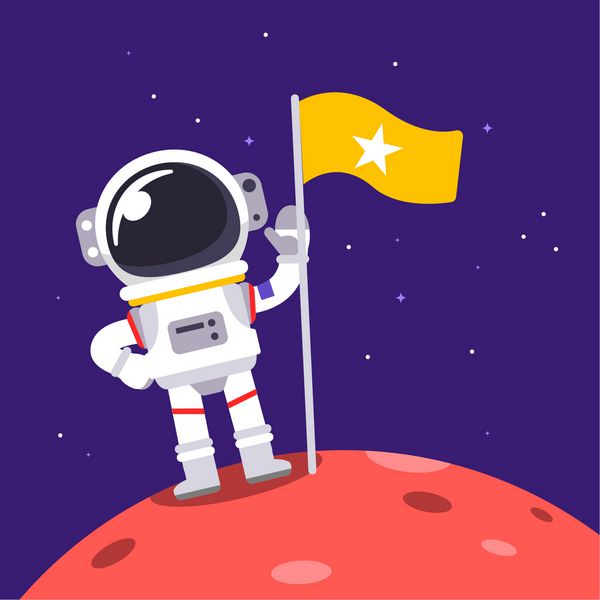 فضانورد برداری بر روی برخی از سیاره با پرچم در فضا