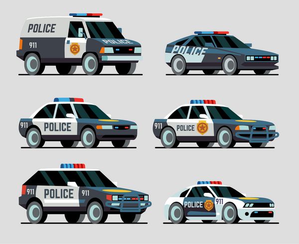 مجموعه ای از ماشین پلیس شهرستان شهری ون سالن پیگیری آیکون های مسطح جدا سه سه چهارم را ببینید تصویر برداری