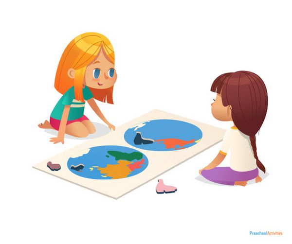 دو دختر نشسته در طبقه و تلاش برای جمع آوری پازل نقشه جهان فعالیت های آموزشی برای کودکان یادگیری از طریق مفهوم بازی تصویر برداری برای پوستر وب سایت فلیکر تبلیغات