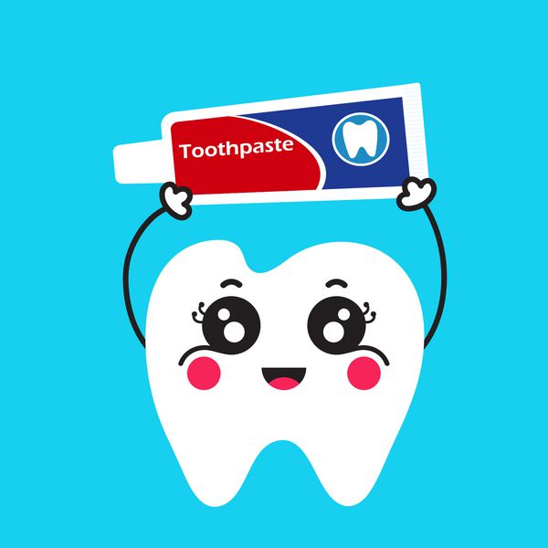 Cute cartoon tooth holding up a tube of toothpaste Hygiene of the oral cavity Children