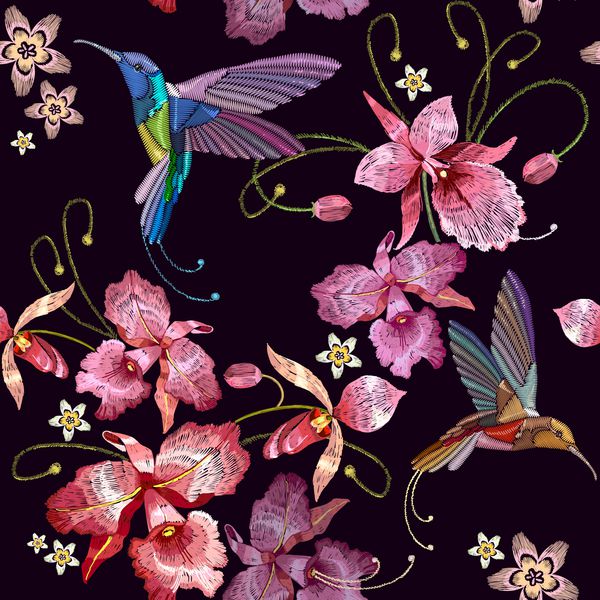 پرنده هومینگ و ارکیده الگوی بدون درز گرمسیری عجیب و غریب الگو برای لباس embroideries طراحی تی شرت گلدوزی زیبا کلاسیک پرنده مضر گل ارکیده