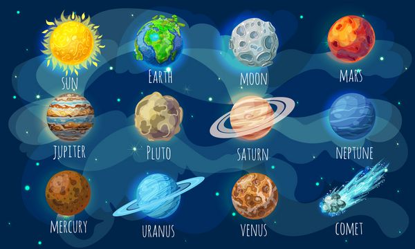 عناصر رنگارنگ مجموعه ای با سیاره خورشید دنباله دار و سیاره منظومه شمسی در قالب کارتونی جدا شده بردار تصویر