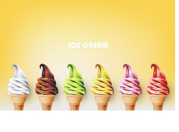 بستنی رنگارنگ در مخروط طعم مختلف میوه تصویر برداری