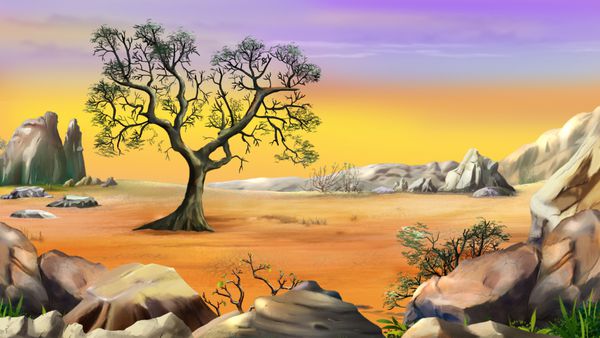 چشم انداز روستایی با یک درخت تنها در تپه های اطراف کوه در بالای آسمان زرد تصویر زمینه دیجیتال تصویر در شخصیت کارتونی
