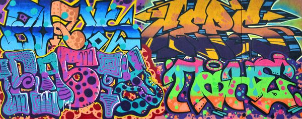 هنر زیر زمین هنر خیابانی سبک نقاشی دیواری دیوار با نقاشی های رنگی انتزاعی تزئین شده است فرهنگ شهری مدرن شهری جوانان خیابانی خلاصه تصویر شیک بر روی دیوار