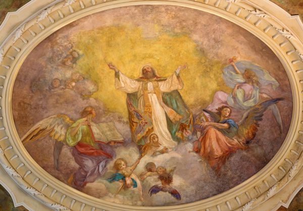 تورین ایتالیا 14 مارس 2017 نقاشی سقف افتخار سنت آگوستین در کلیسا Chiesa di Sant Agostino توسط کارلو Ceppi 1887