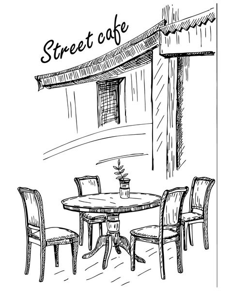 کافه خیابان در شهر قدیمی عکس برداری بردار کافه خیابان فرانسوی در شهر قدیمی مداد کشیده طرح بردار