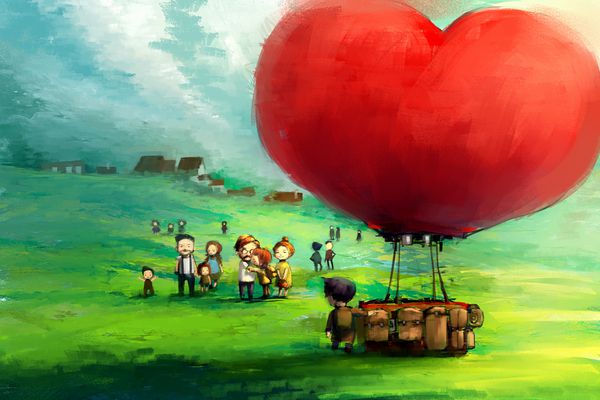 نقاشی دیجیتال بالون قرمز به شکل یک قلب روی صحرای سبز با زن و شوهر و خانواده آکرولیک بر روی بافت بوم داستان داستان قصه