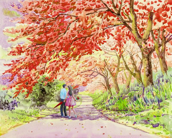 زن و شوهر مردن در باغ صبحگاهی در خیابان راه می روند چشم انداز آبرنگ رنگ اصلی رنگ گل صورتی هیمالیا وحشی گل و احساسات در ابر زمینه ابر دست نقاشی تصویر