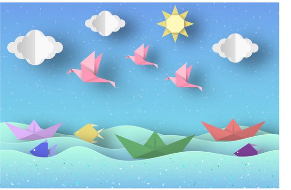 پرندگان بریده شده کشتی ها درختان پالم ابرها و کاغذ خورشید مقاله اوریگامی ساخته شده جهان قالب قالب ساخته شده با عناصر و نمادها چشم انداز برای بنر کارت پوستر تصویر برداری طراحی هنری