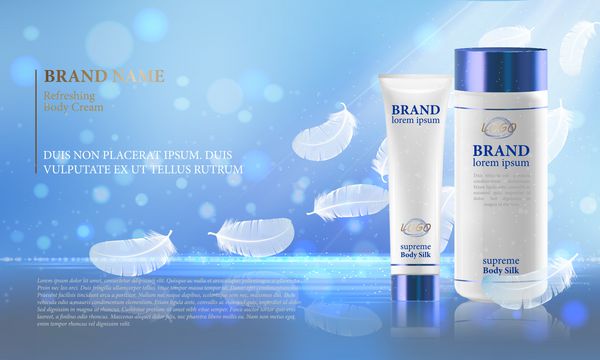 الگو برای آگهی تبلیغاتی لوازم آرایشی لوله های زیبایی واقعی با پرهای پروازی تنظیم شده اند آگهی زیبایی طراحی پوست بسته بندی پوستر پوستر
