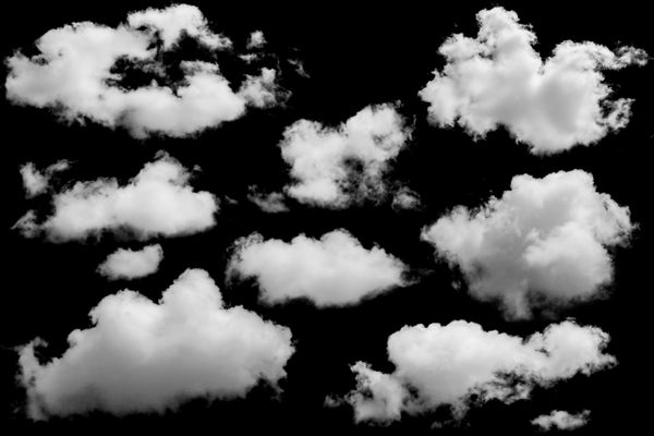 مجموعه ابر سفید بر روی عناصر جدا شده پس زمینه سیاه و سفید