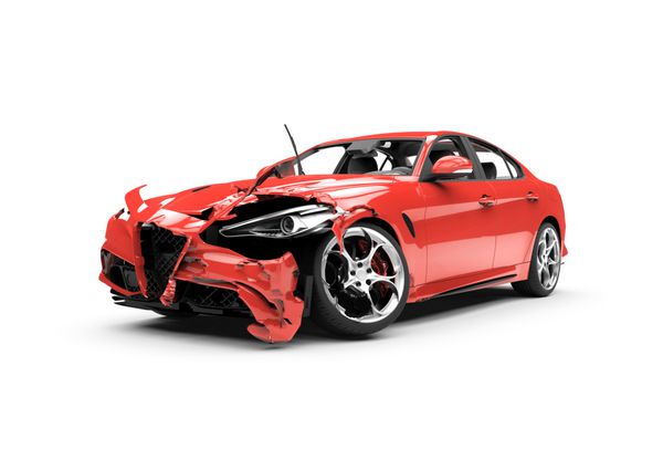 تصادف ماشین سواری قرمز در یک پس زمینه سفید جدا شده بر روی زمینه سفید رندر 3D