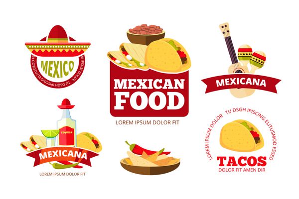 گرافیک رستوران مجلل مکزیکی نشانهای tacos burrito salsa و nachos برچسب ها آرم ها و نمادهای مجموعه ای از لوگو برای تصویر کافی شاپ مکزیکی