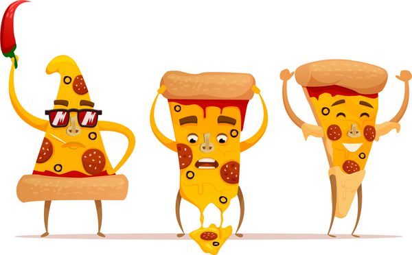 برش پیتزا خنده دار شخصیت پیتزا ناز مجموعه ای جدا شده بر روی زمینه سفید شخصیت های سریع غذا