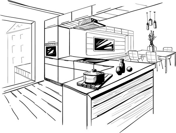 طرح آشپزخانه گوشه ای مدرن خطوط مداد سیاه و سفید در پس زمینه سفید